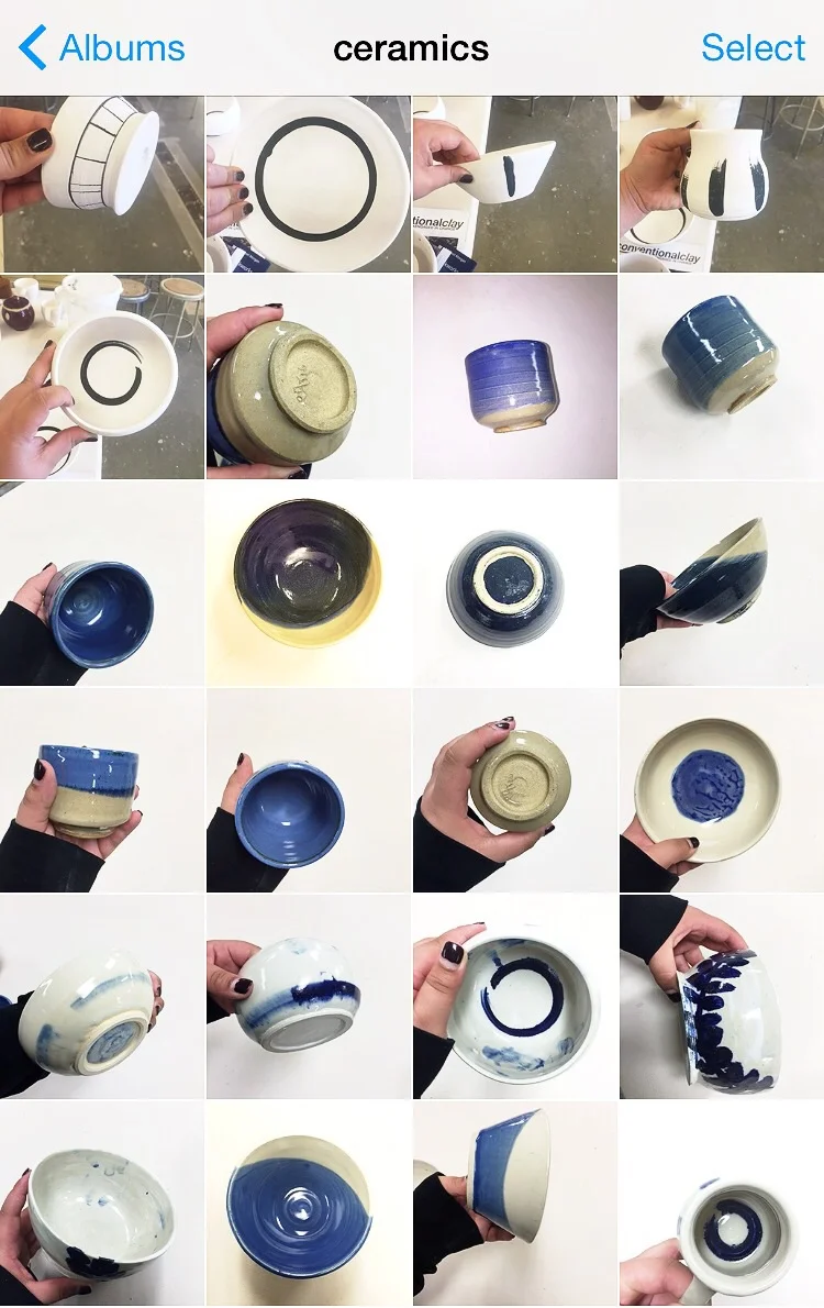 One of several pages in my cell phone camera albums dedicated to blue & white wares. This page in particular is work that I've made this term, mostly pigment and decor experiments.