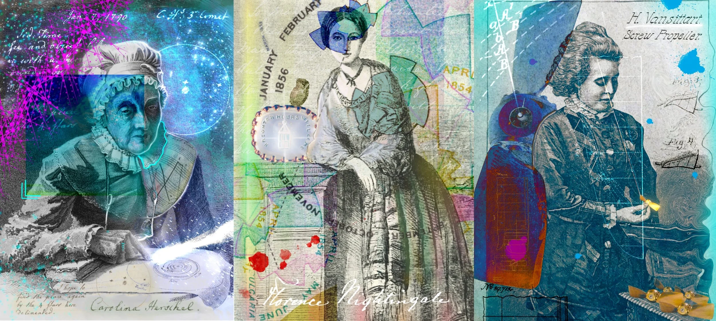 PORTRAITS :  RE-IMAGINED a digital art project working with 18th and 19th century portraits of women in science and re-imagining them with layers of their own ideas, inventions and handwriting.