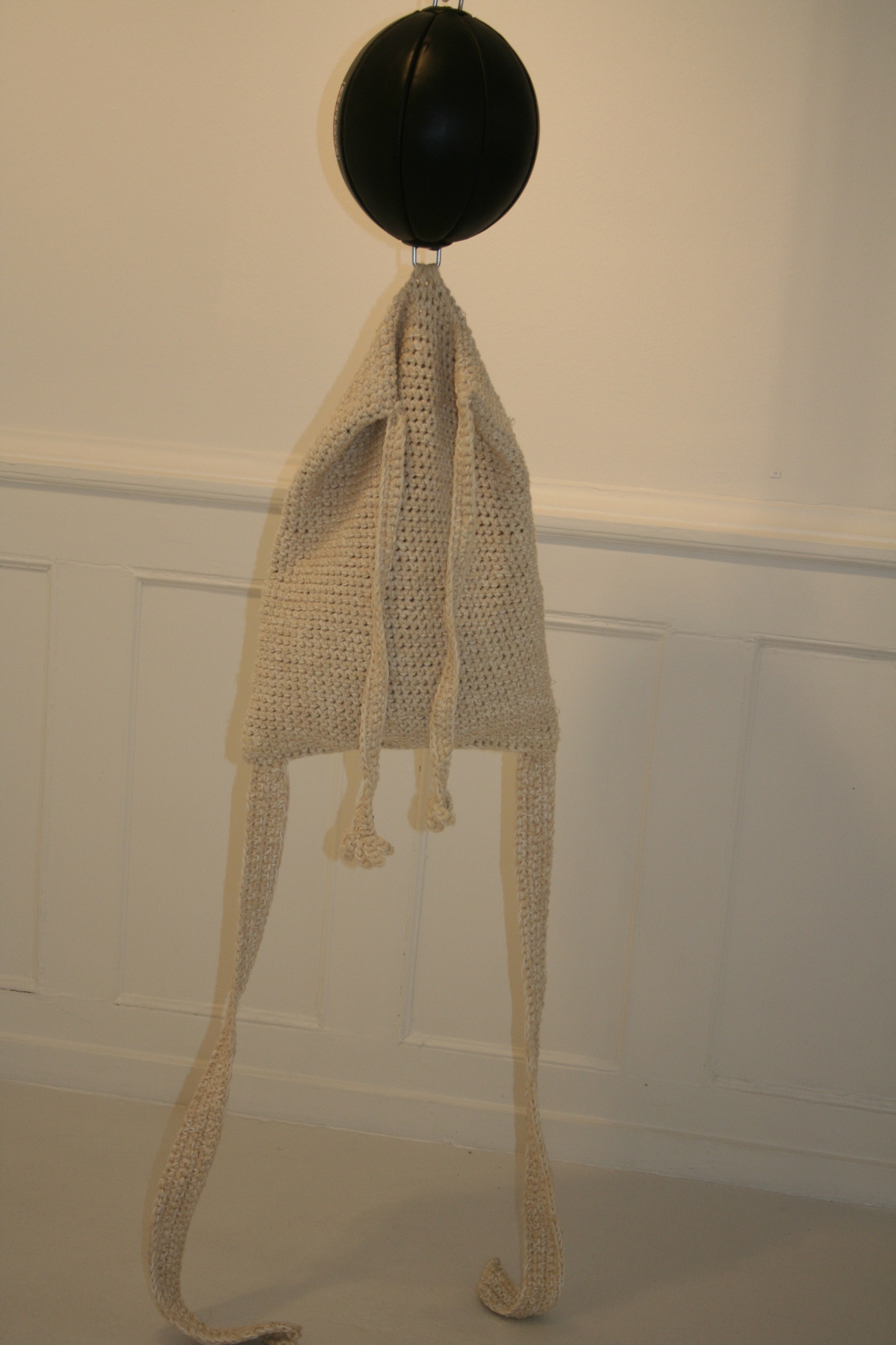 Worn, (crochet, boxing ball, 120cm 45cm, 2007).