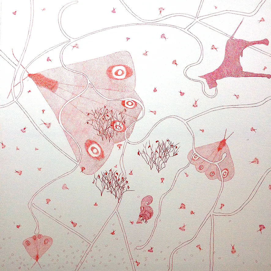 Nachtschwärmerscheidewege (pen and acrylic paint on canvas, 80cm x 80cm, 2015).