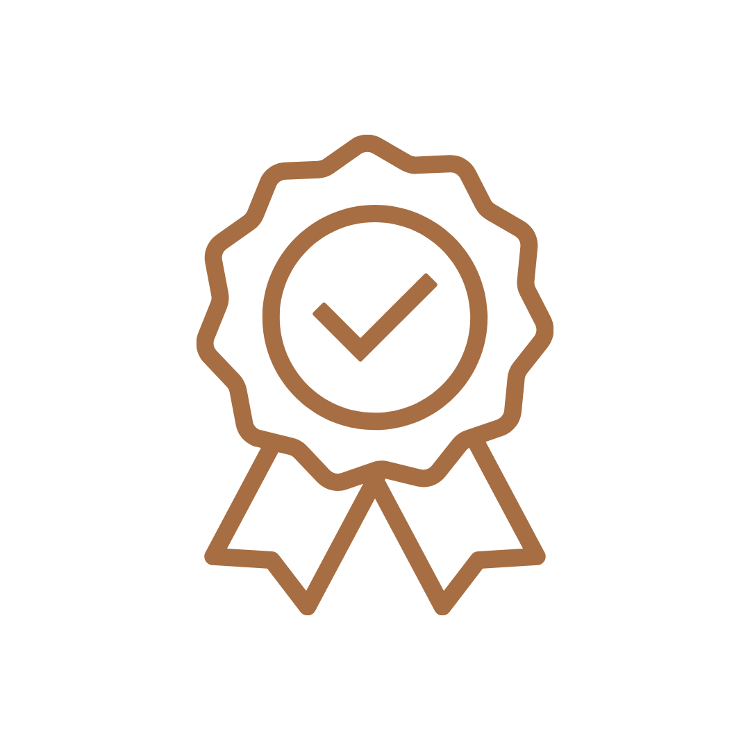 Brown award ribbon with a checkmark in the center.