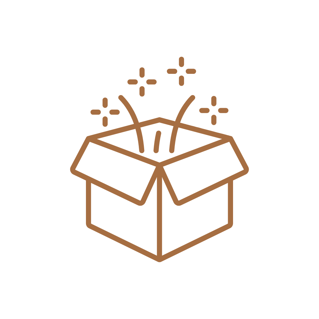 Icon of a cardboard box with popping confetti inside and sparkles around it.