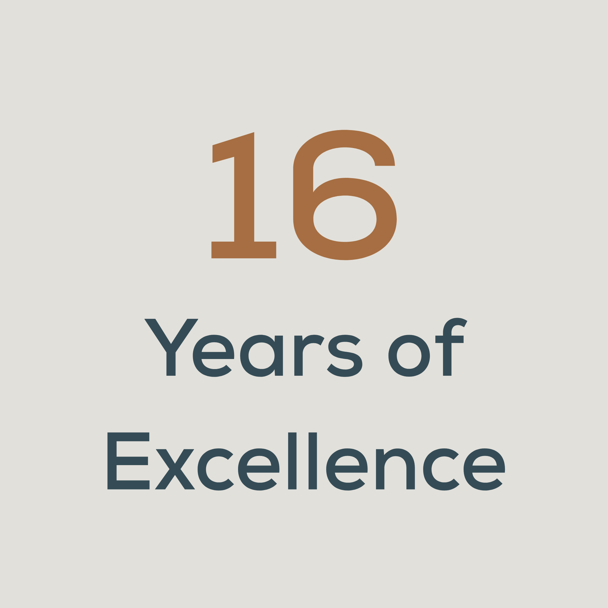 A graphic celebrating 16 years of excellence with the number 16 in large font, and the phrase "Years of Excellence" below it.