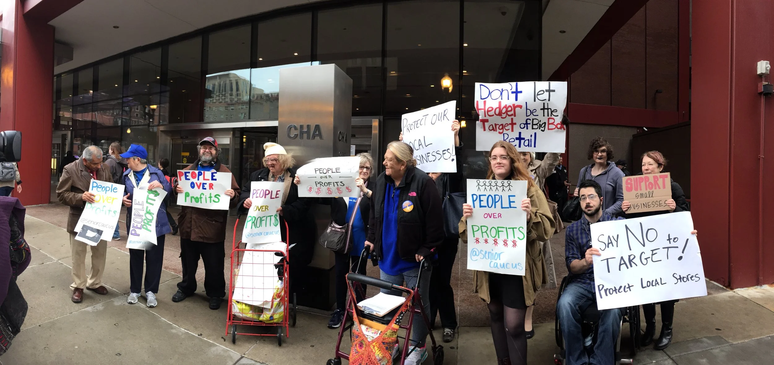 JASC leaders and allies at a recent press conference demanding that CHA put people over profits.