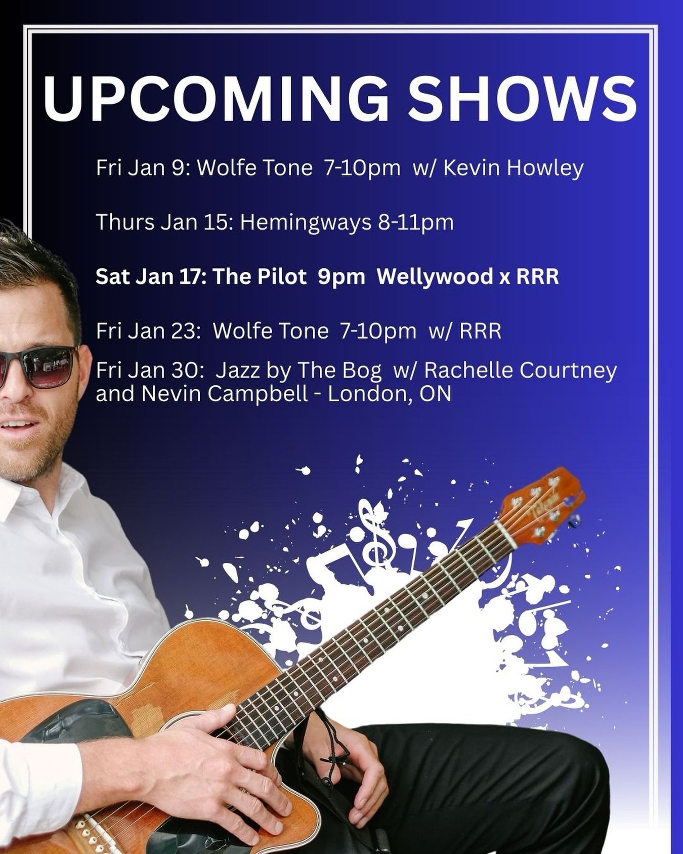 Winter blues? I&rsquo;ve got some great acoustic and full band shows this month that will keep your spirits high! Taking all your requests too 🕺 🎸 🎶 

@thewolfetonebeaches 
@thepilot_to 
@hemingways.to

@kevinhowley 
@revolutionrockrevue 
@nevinca