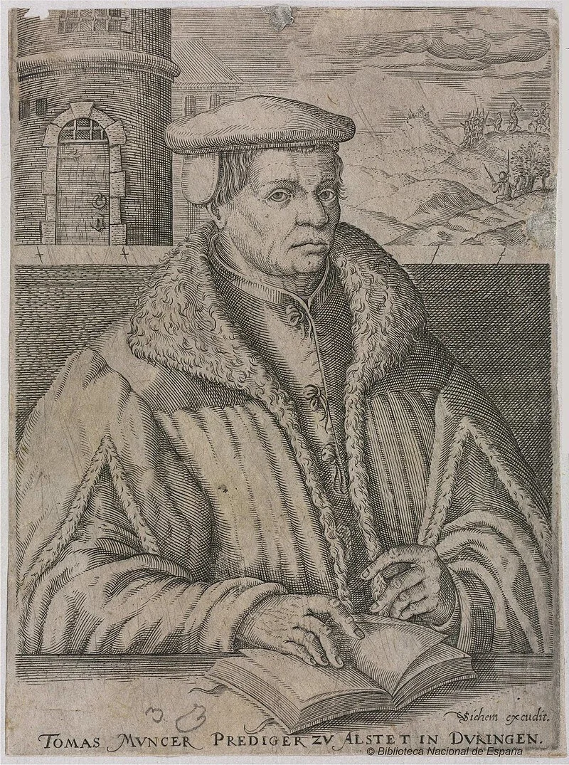  Retrato de Thomas Müntzer líder de la Guerra de los Campesinos. Grabado de Christoffel van Sichem. 