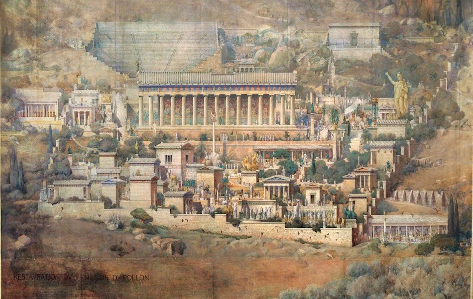  Reproducción del complejo oracular de Delfos, el centro del mundo antiguo.  Imagen de la web oficial de recinto arqueológico   