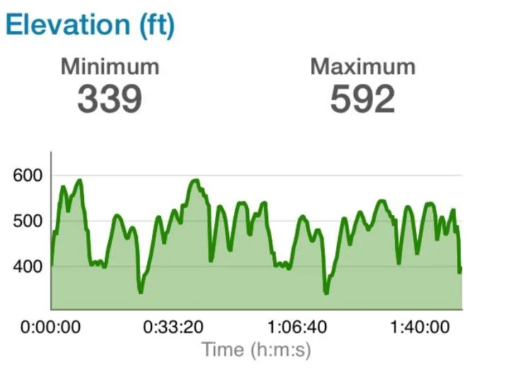 No crazy hills, but roughly 2000ft of climbing. Looks like there was hardly a flat section of the course. 