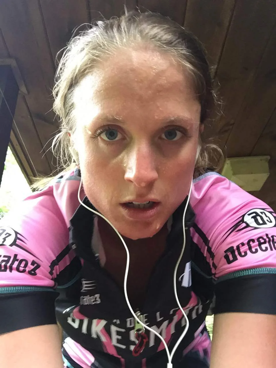 Took a selfie while riding the trainer on the porch of the cabin the evening before the race. 