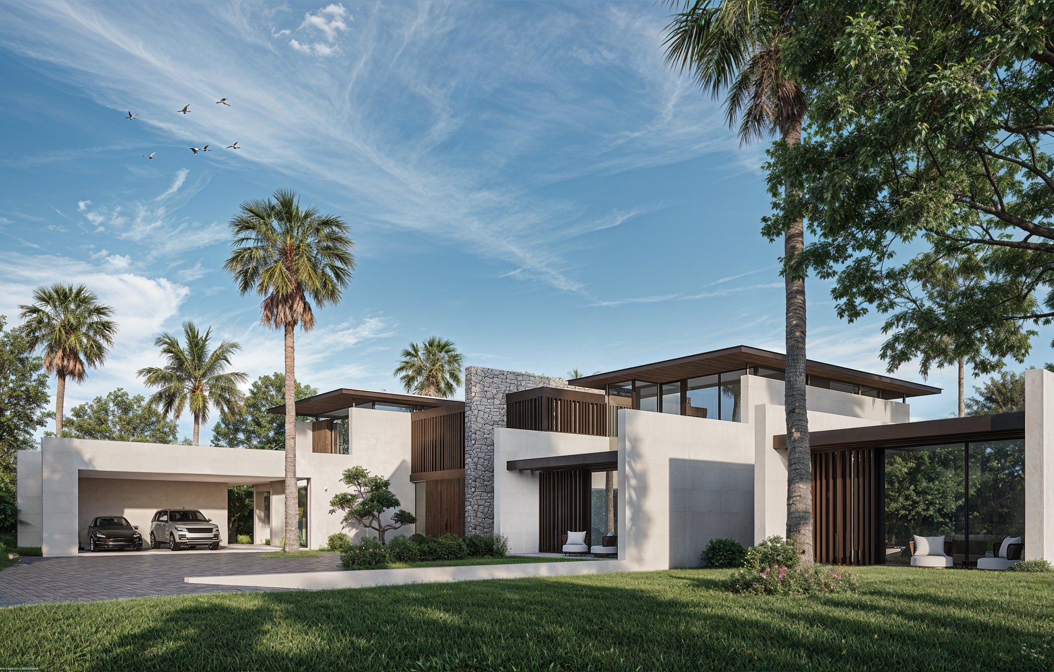 Modern luxury home with flat roof, large windows, palm trees, and a two-car garage under a clear blue sky.