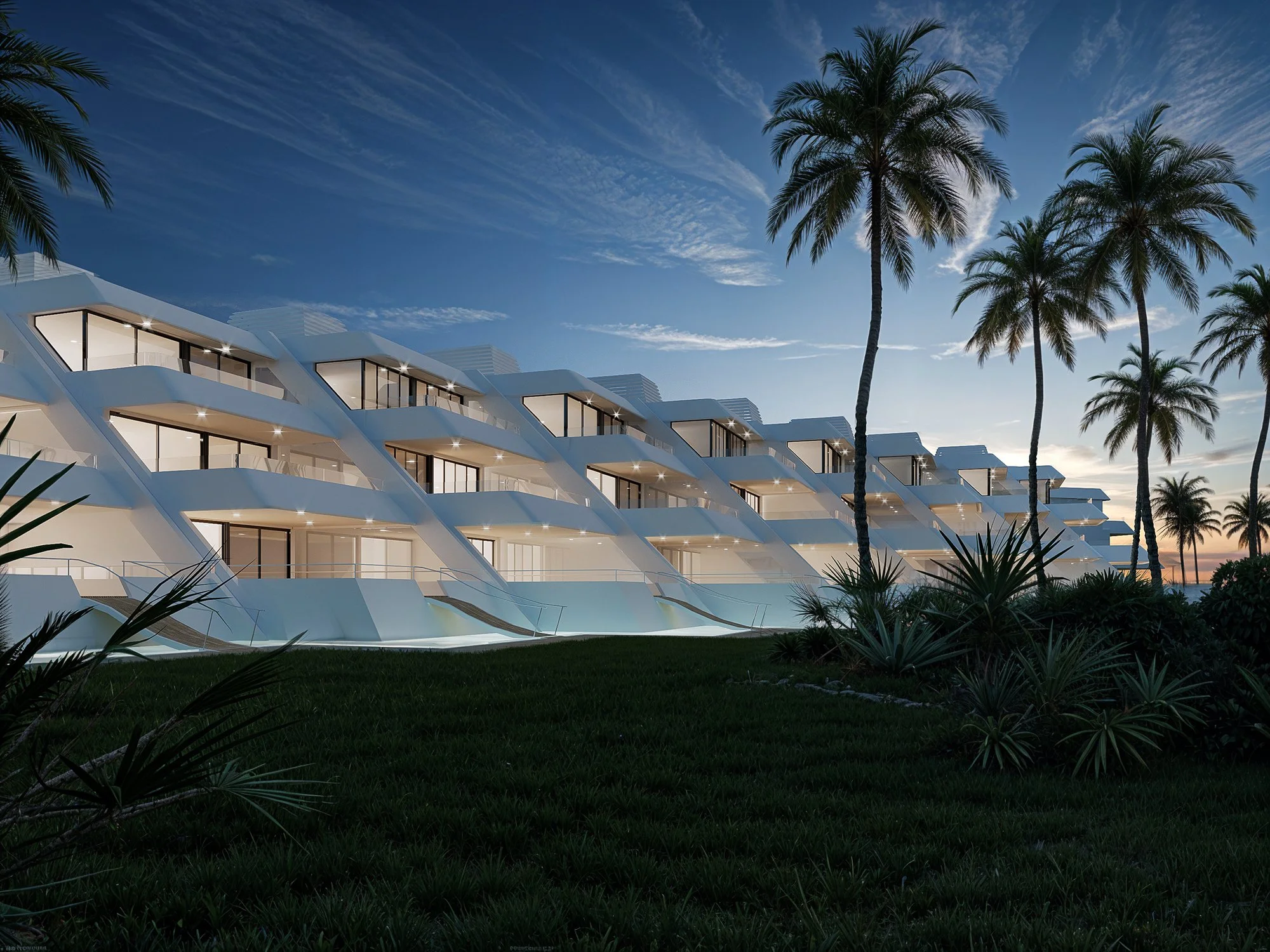 Modern white building with large windows surrounded by palm trees at sunset.