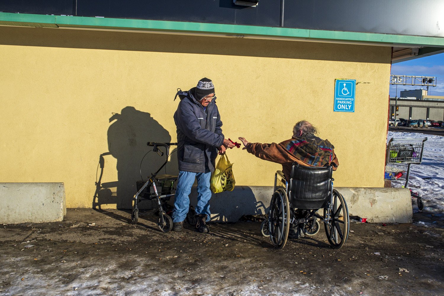  Friends in downtown Grande Prairie, Alberta keeps each other company and help one another how ever they can. Many homeless seniors struggle with poverty and stigmatization and a good proportion of them are from First Nations and Métis Nation in the 