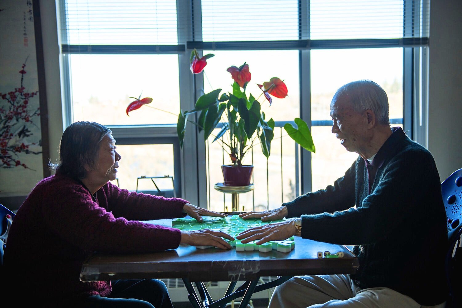  Everyday, Mr. and Ms. Fok play mahjong in their condo apartment located in Chinatown. Married in 1950 in Hong Kong, they retired and immigrated to Calgary in the early 1990s. Many Chinese immigrants choose Canada for its overall quality of life. In 