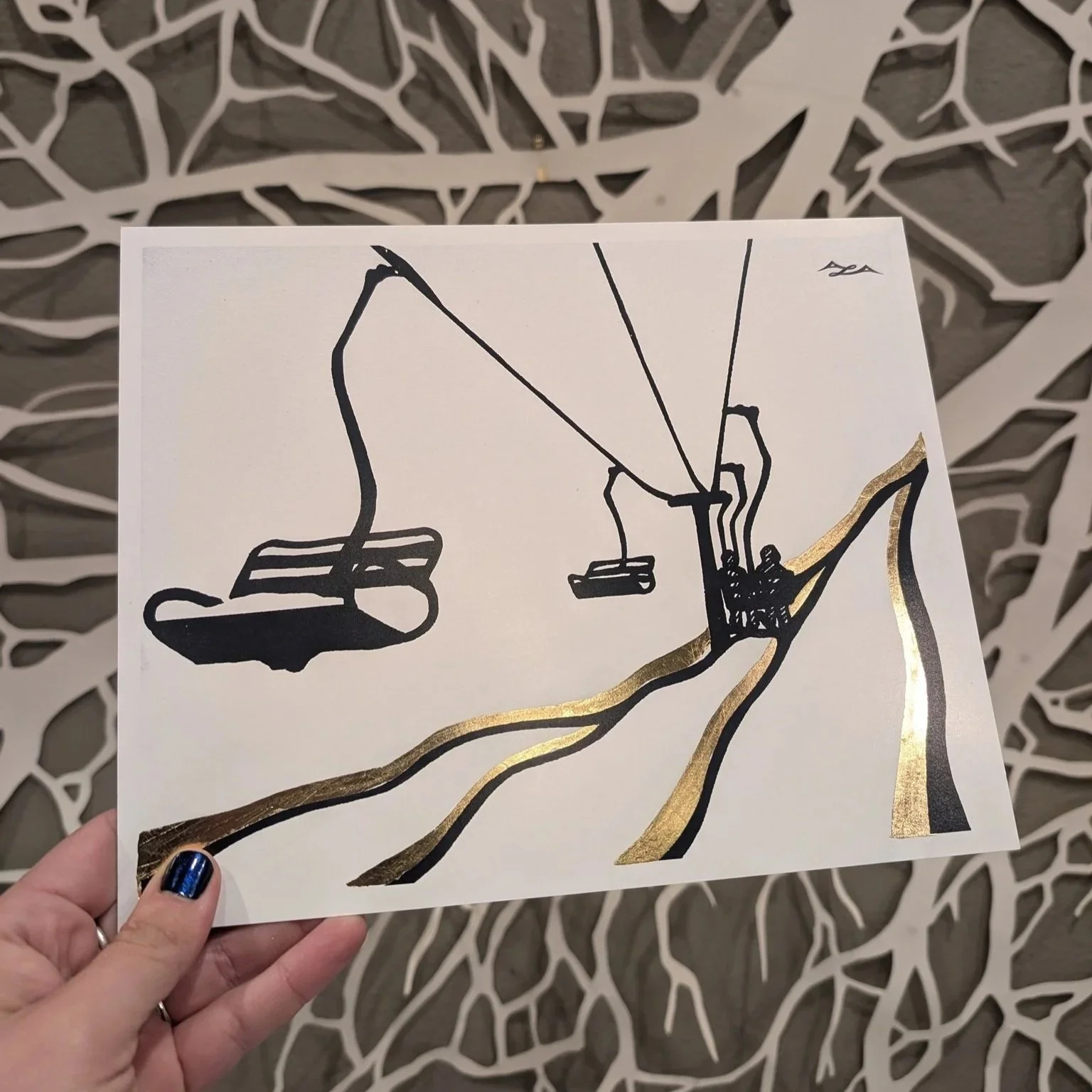 "Lift" - Gold Leaf Ski Lift Art Print