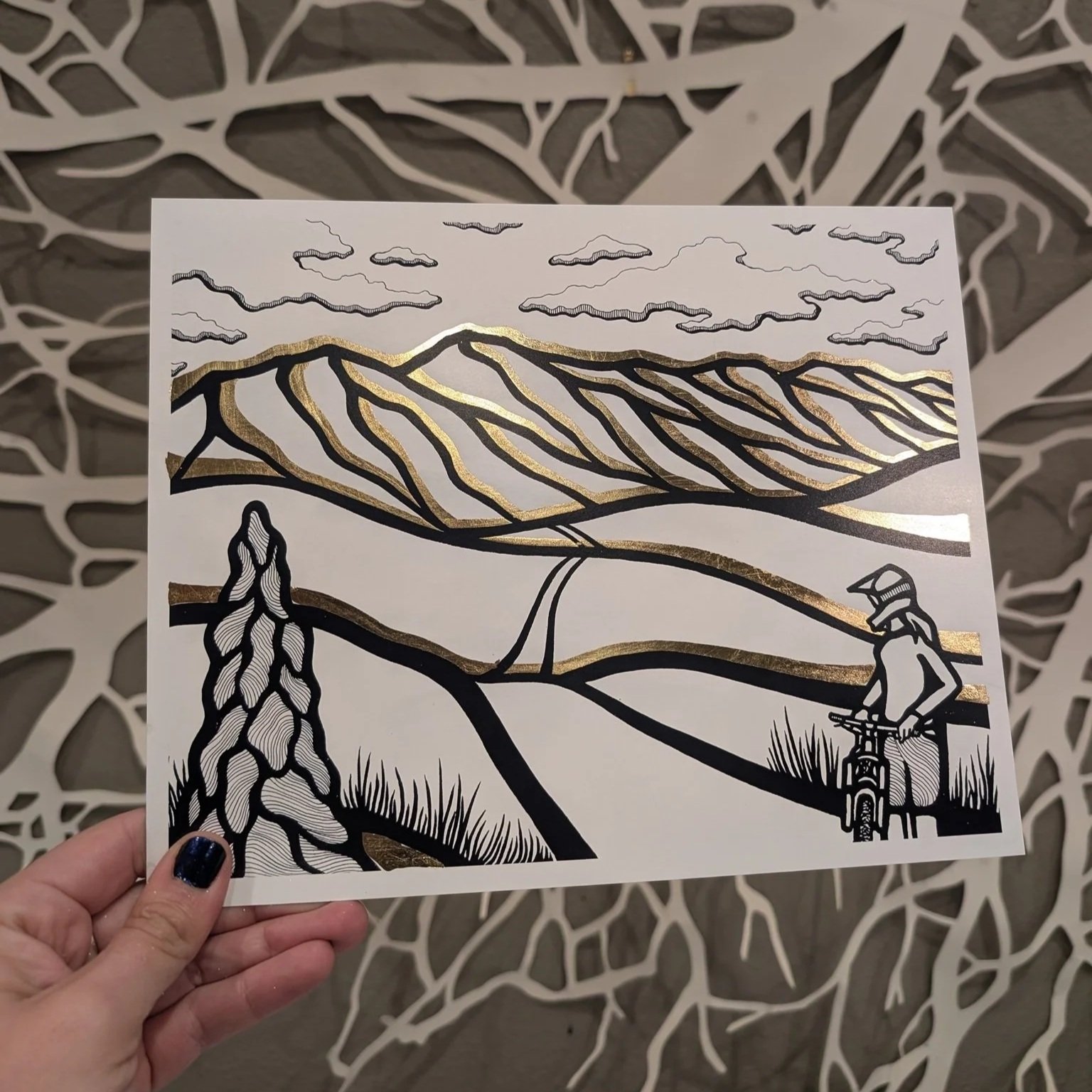 "Distance Travelled" - Gold Leaf Mountain Biking Art Print