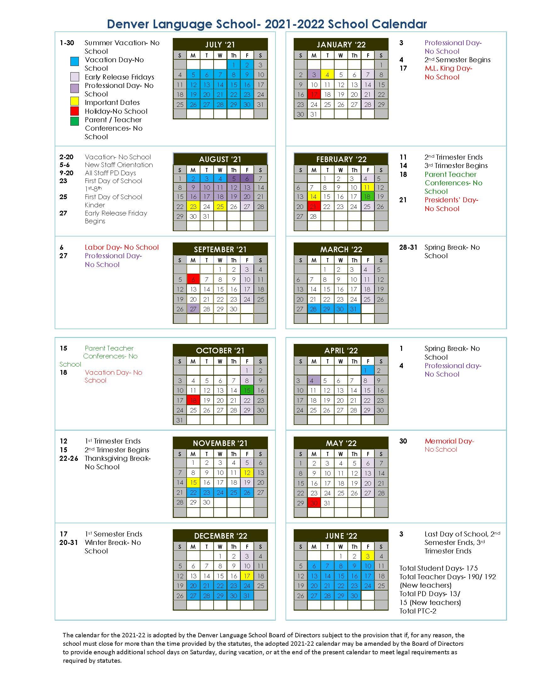 Cu Denver Fall 2022 Calendar 21-22 School Calendar — Language Immersion School | Denver Language School