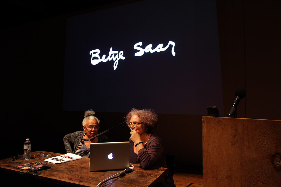 Betye Saar and Alison Saar (F '93) giving a lecture in 2014.