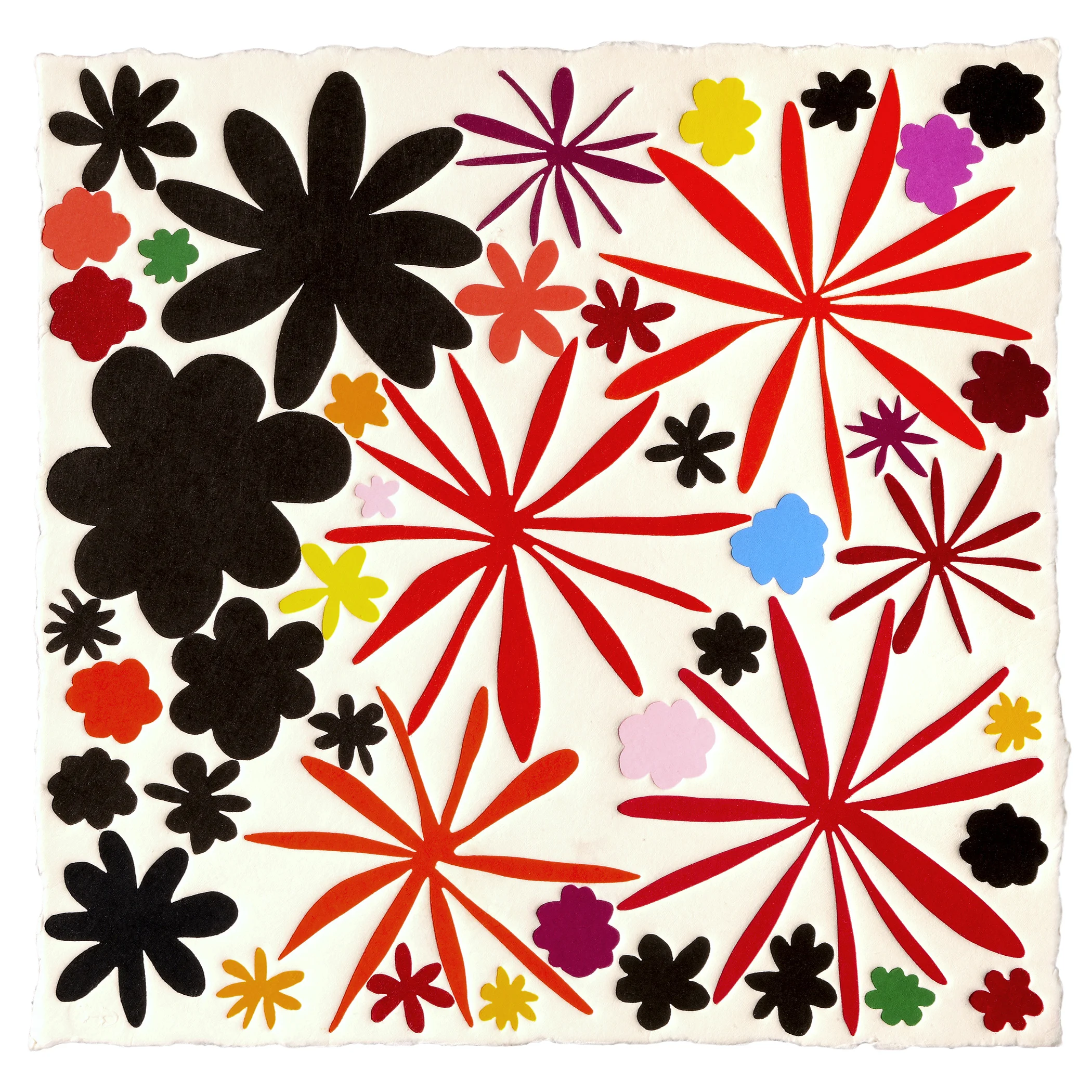 Polly Apfelbaum, Night Flowering (2009), Multicolor woodblock print on Kozo (Japanese triple-thick handmade paper), 16 x 16 inches