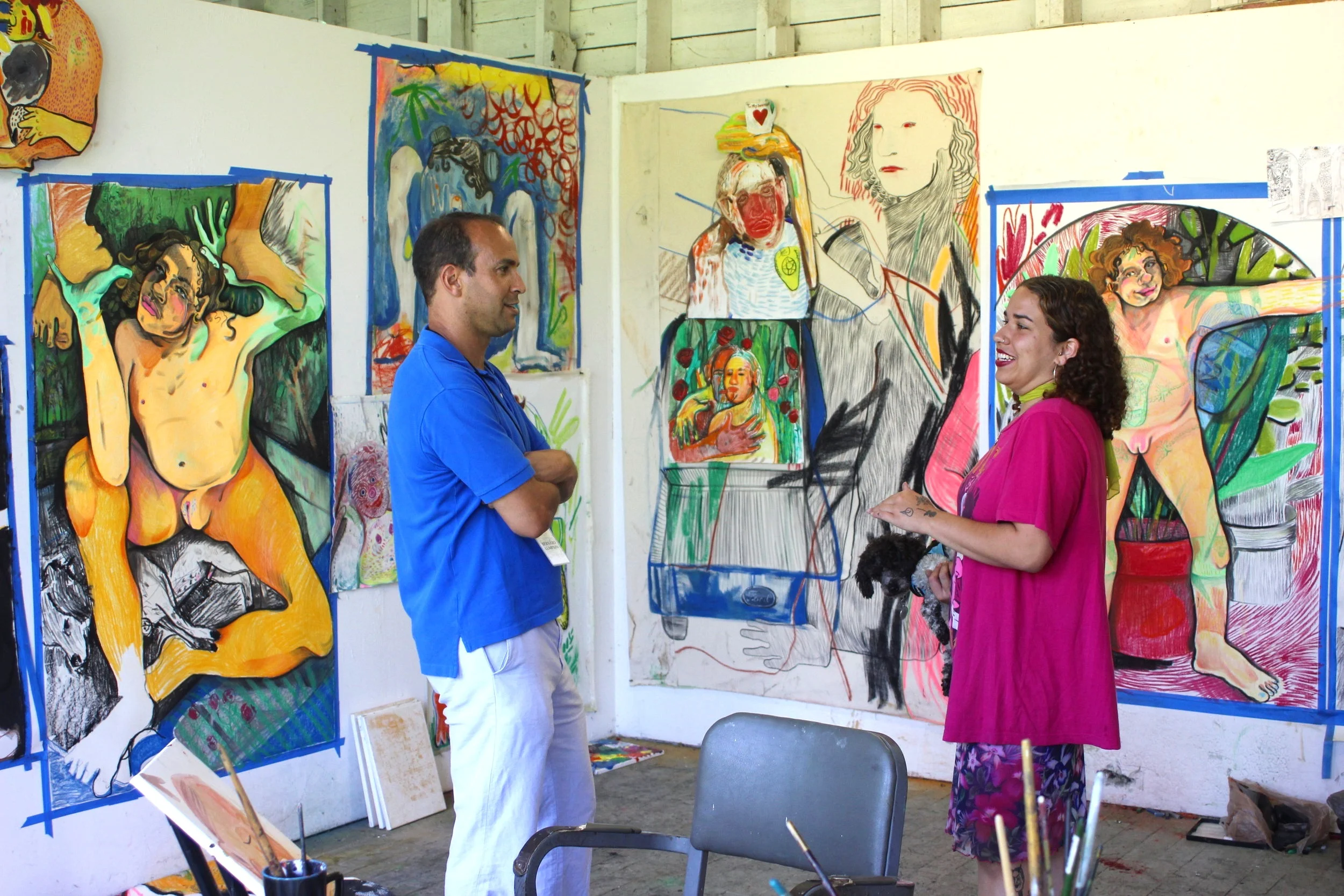 Alina Perez (A ’17) with Skowhegan Council Co-Chair Bernard I. Lumpkin during Open Studios at Trustee & Governor’s Weekend, 2017.