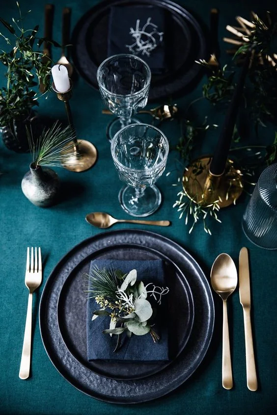 Holiday table using dark colours, candlestick holders and linen that could be used throughout the year. MyLittleFabric.com