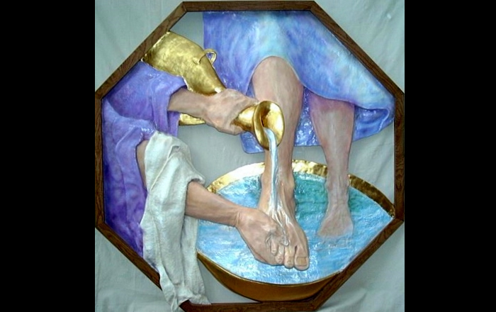 "Penitential Foot Washing”  Acrylic and gold leaf on  resin relief with stained oak framing. (54” X 54”)