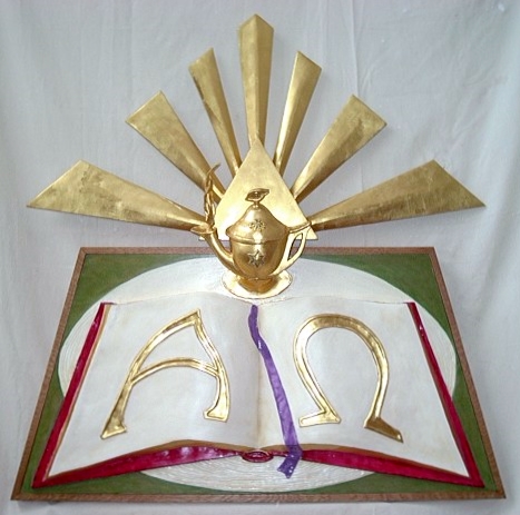 “Word of God”:  Composite relief sculpture wall piece; acrylic and gold leaf on wood and resin. (54” X 54”)