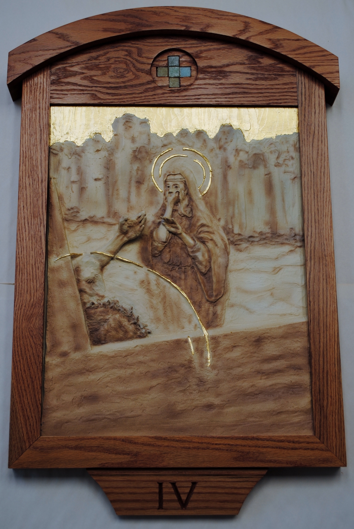 “Jesus Meets His Afflicted Mother”:  From “stations of the cross” series, station #4.  Acrylic and gold leaf on resin with oak framing.