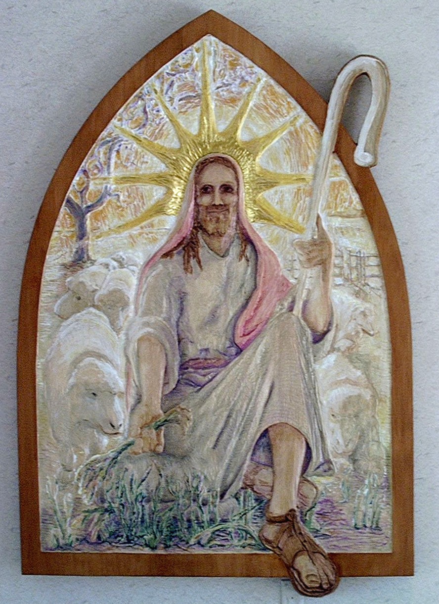 “Good Shepherd” Acrylic and gold leaf on carved bass wood. (72”X54”)