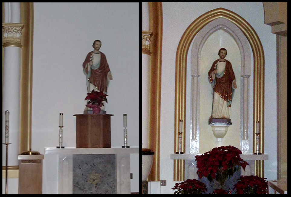 Before and after of sanctuary statue display.  Resin faux marble with acrylic on resin surrounds (13’ X 7’)