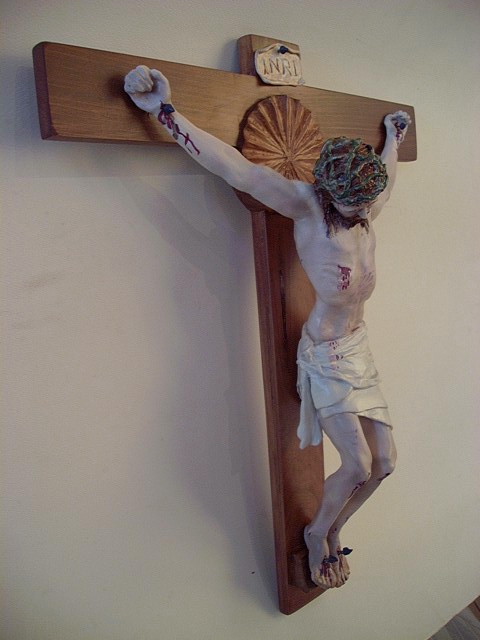13”X16” Crucifix: cedar cross with acrylic  on resin corpus to fit the unique spacing above the tabernacle. 