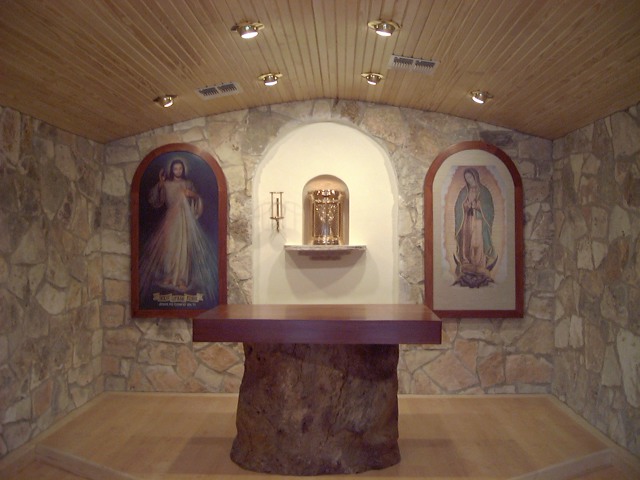 Private Chapel Space: Oak trunk base with cedar altar top (39”X54”), cedar image surrounds (30”X60”).