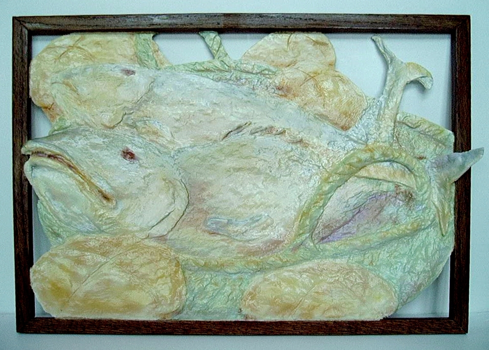“Loaves and Fishes” :  Acrylic on sculpted resin with oak framing (16” X 24”)