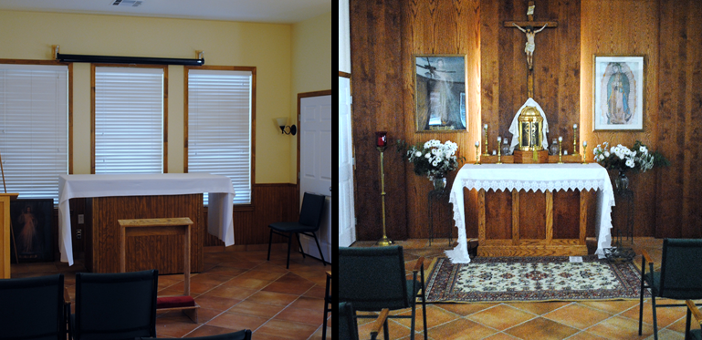 “Blessed Sacrament Chapel” (before and after renovation).  Oak and alder paneling in addition to oak / alder altar with tabernacle mount.