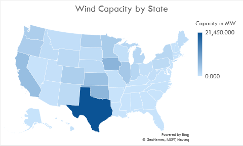 On the rise : The top 5 wind producing states in the U.S. are in order; Texas (21,450 MW), Iowa (6,974 MW), Oklahoma (6,645 MW), California (5,561 MW), and Kansas (5,110 MW). Combined, the states account for 89,945 MW of wind power. Image: Climable.org