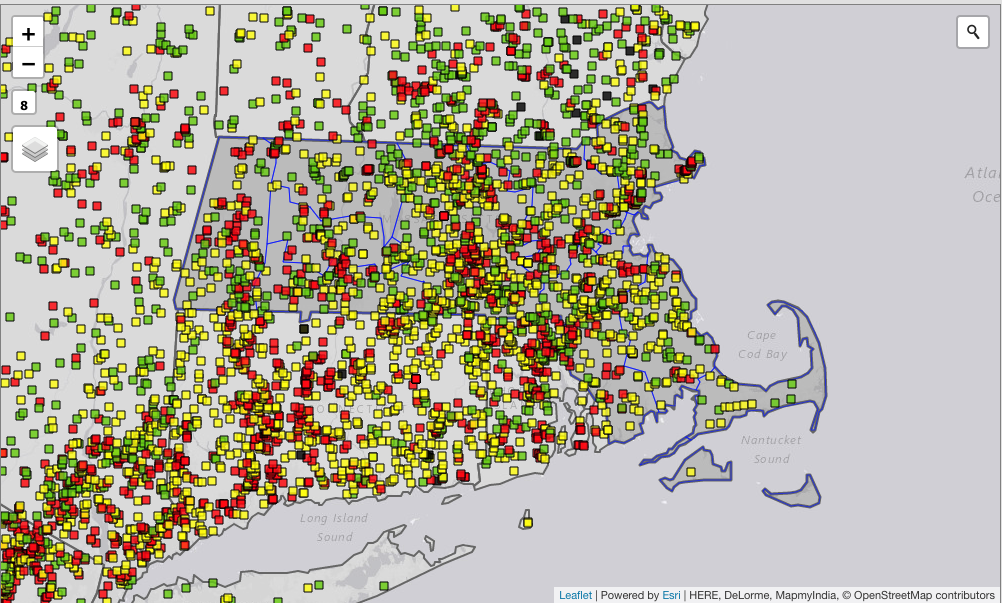 The red dots on this map from the National Inventory of Dams (NID) represent high-hazard dams, while yellow dots represent low-hazard dams. Image: NID