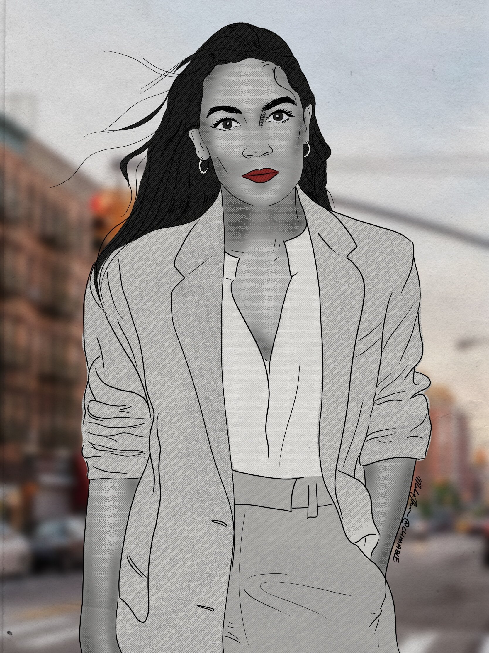  Original artwork of Representative Alexandria Ocasio-Cortez by Malia Shen. Source:  Climable.org  