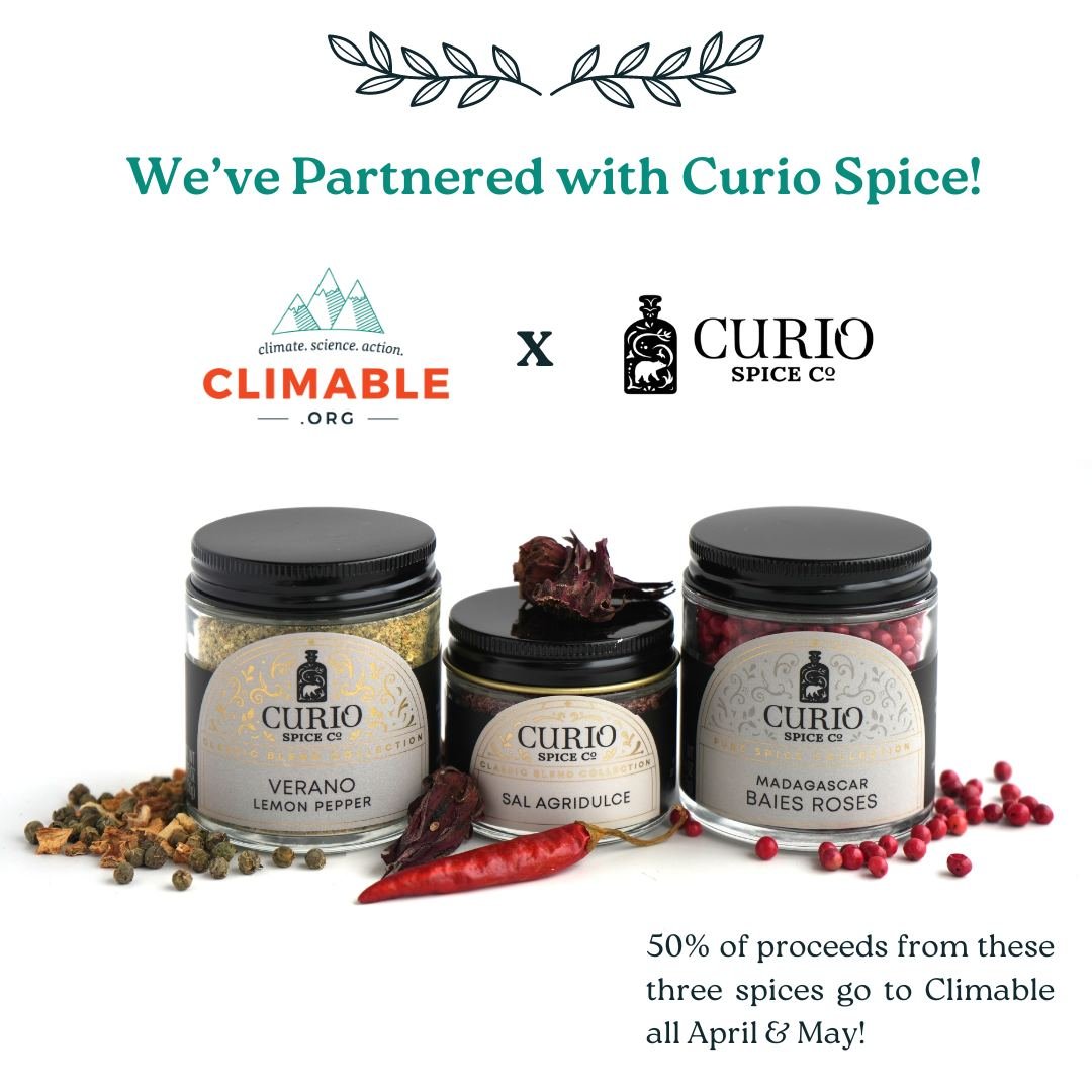 Get out your recipe books (or open Google) because Climable's partnered with @curiospice! During April and May, 50% of proceeds from Verano Lemon Pepper, Madagascar Baies Roses pink pepper, and the seasonal Sal Agridulce will go to Climable! That's j