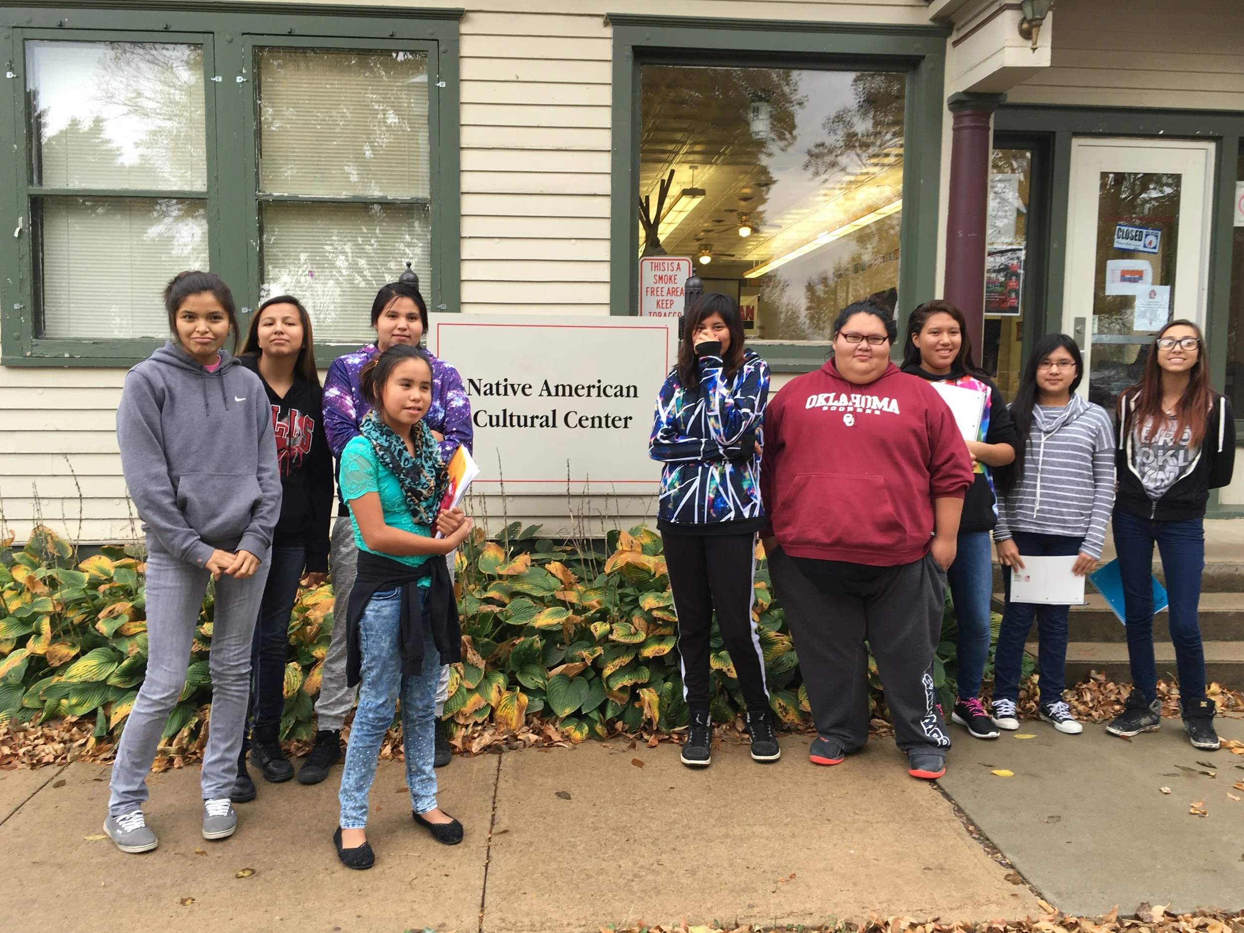 Nine students from the town of La Plant on the Reservation visit the Native American Cultural Center at the University of South Dakota. The Center is integral to Native student retention rates. (October 2015)