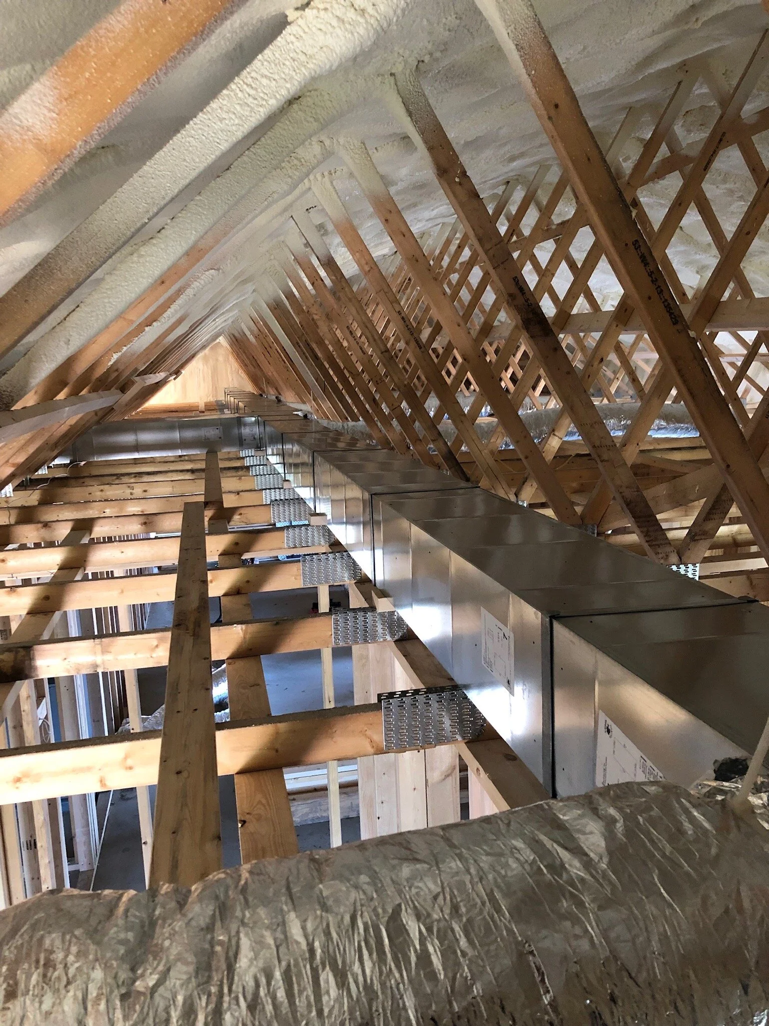 A view of the insulation and rafters.