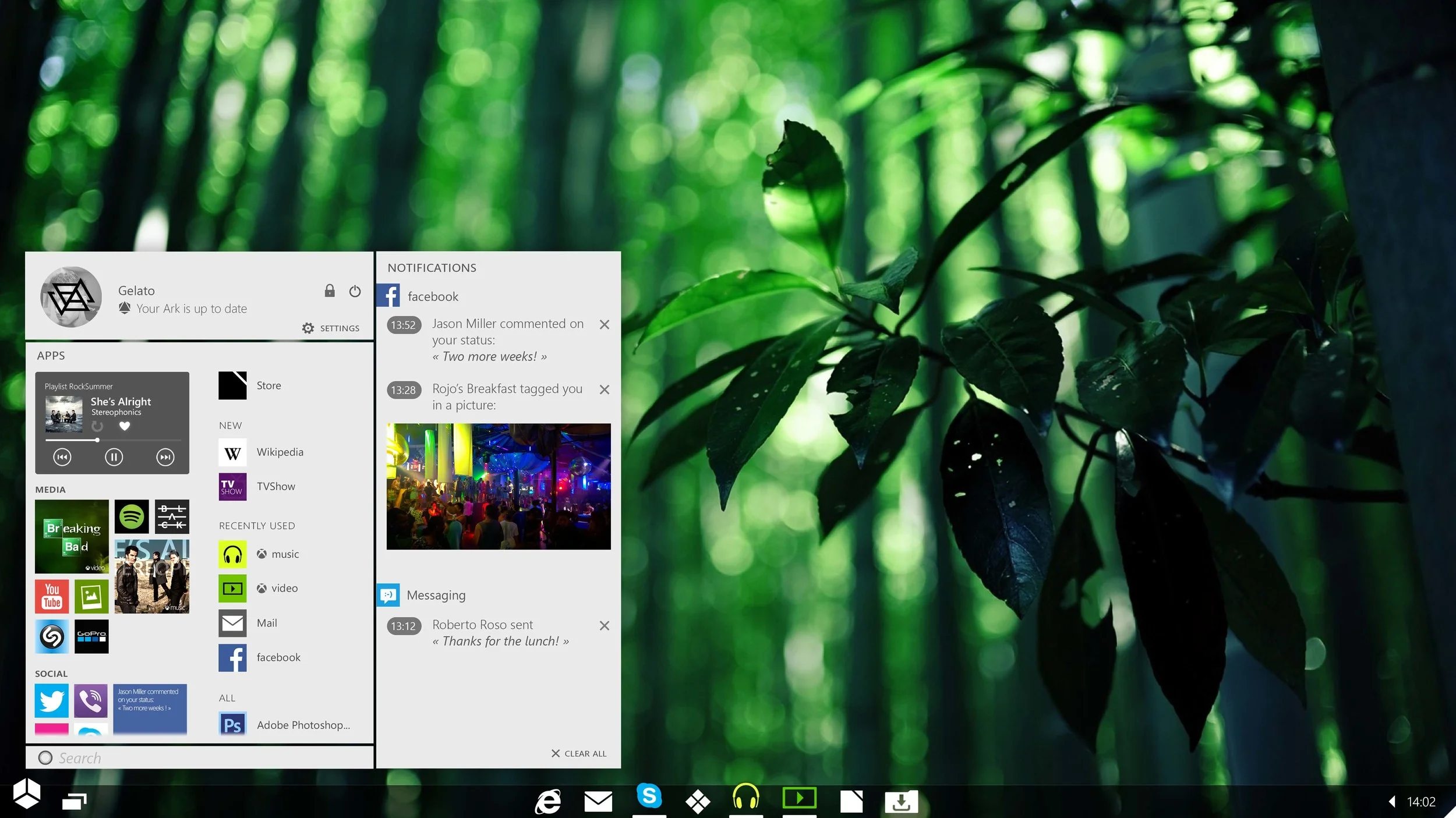 Start menu with Apps and Notifications panels pinned to it.
