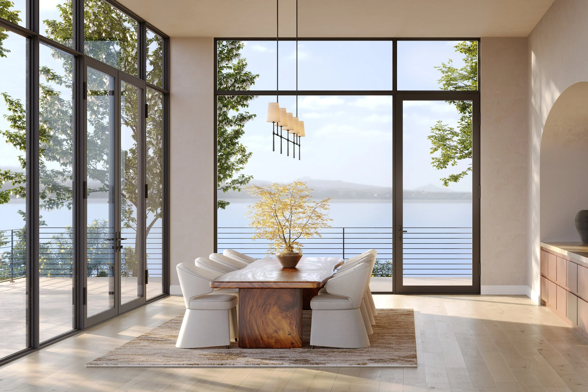 Photorealistic CGI render directed for a luxury residential window and door campaign, featuring expansive glass openings, natural lighting, and modern architectural design.