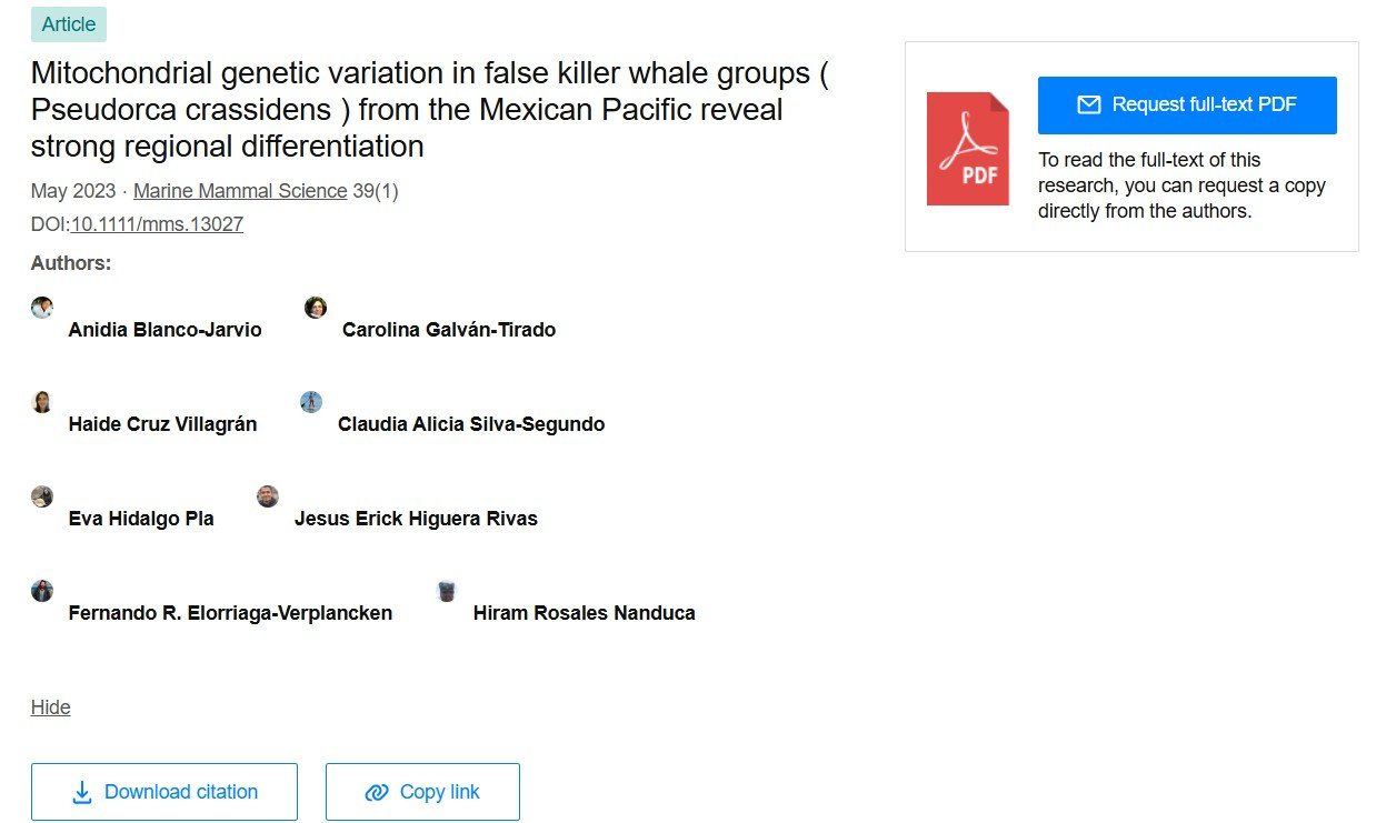 Mitochondrial genetic variation in false killer whale groups ( Pseudorca crassidens ) from the Mexican Pacific reveal strong regional differentiation