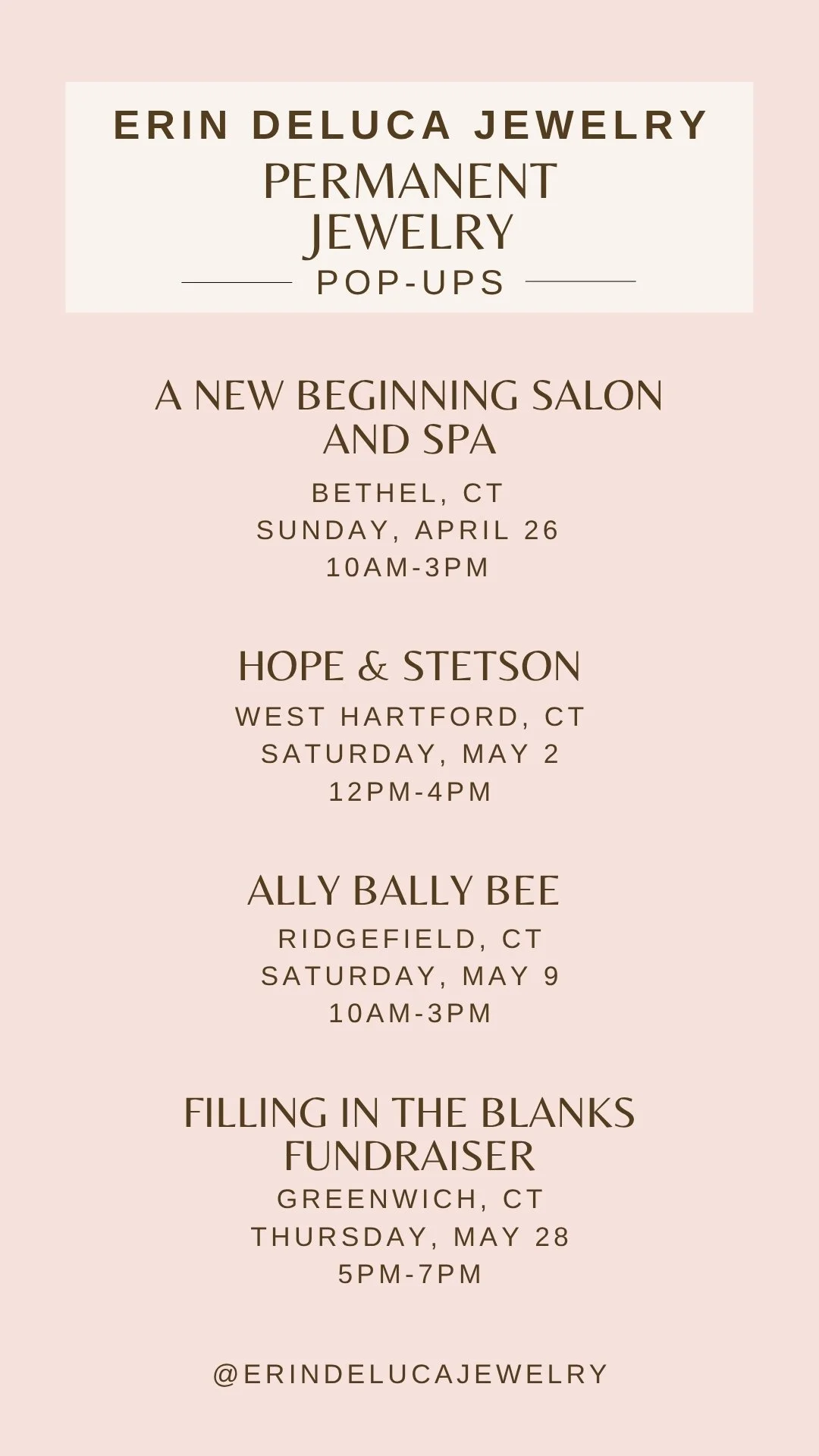 Upcoming event list for permanent jewelry in Connecticut by Erin DeLuca Jewelry