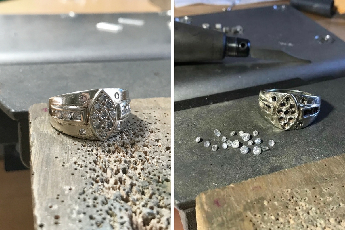 The original 14K white gold ring before and after removing the diamonds- which we were able to repurpose in the new ring. Each diamond was carefully removed from their setting using gravers to avoid breaking or chipping the stones.