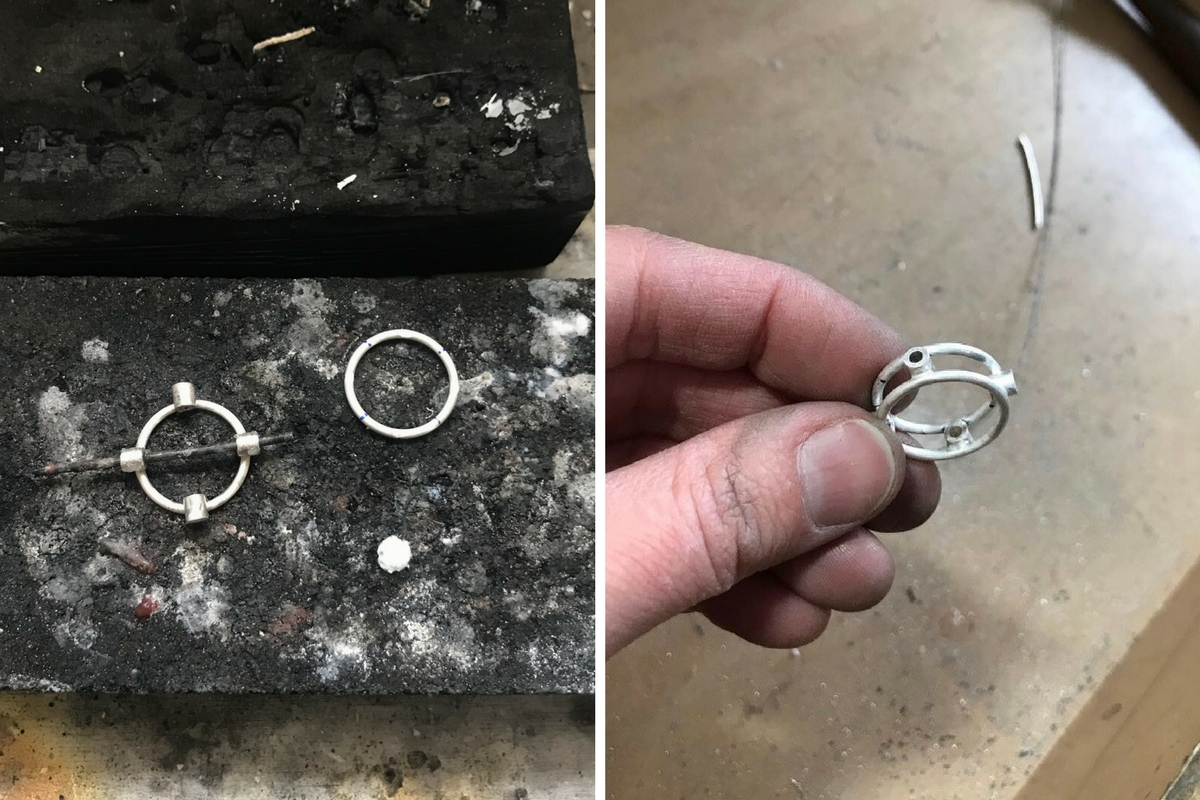 Soldering the first settings on and connecting the two bands. It was important to keep the placement of the settings as straight as possible when soldering so the final design would look symmetrical.