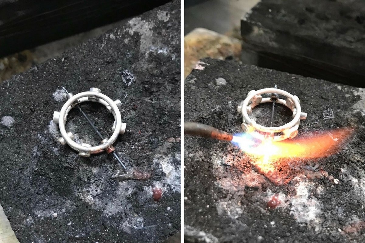 Next, I soldered on the (alternating side) settings in two batches.