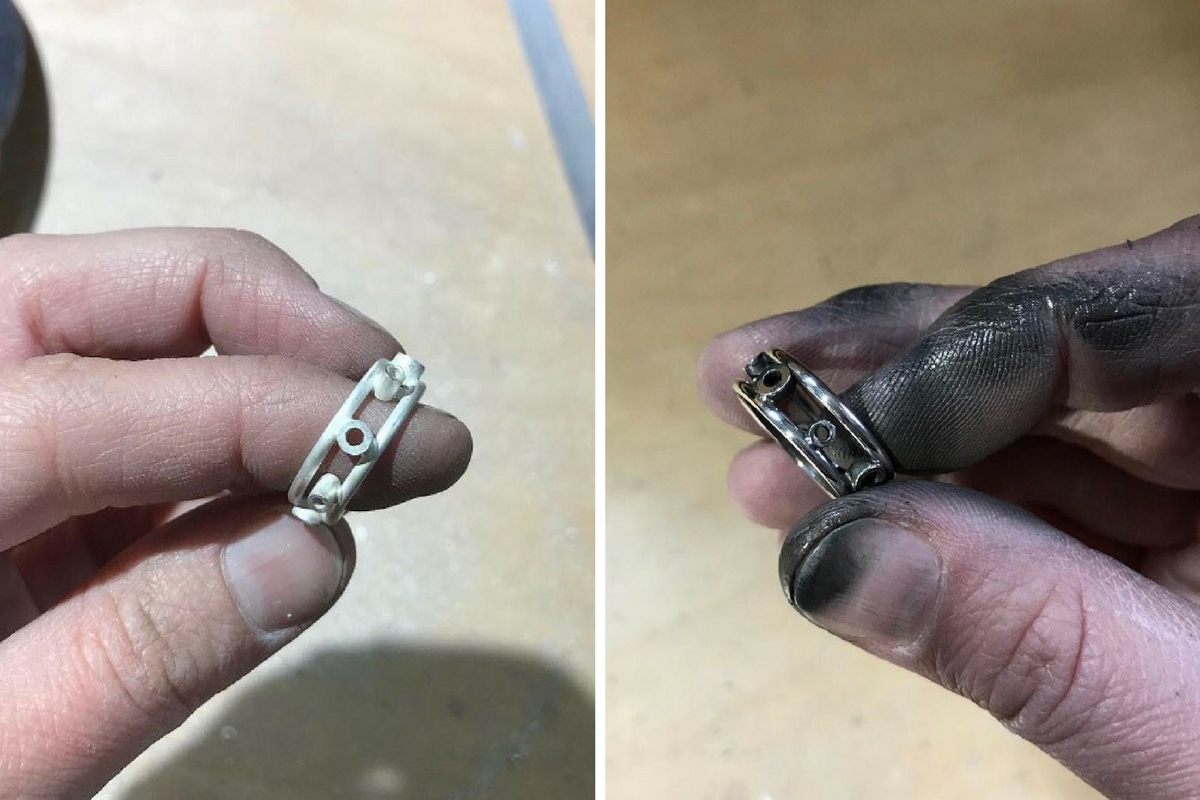 A look at the ring just after being soldered together and then once the settings were filed down and the ring was pre-polished…now time to add the diamonds!