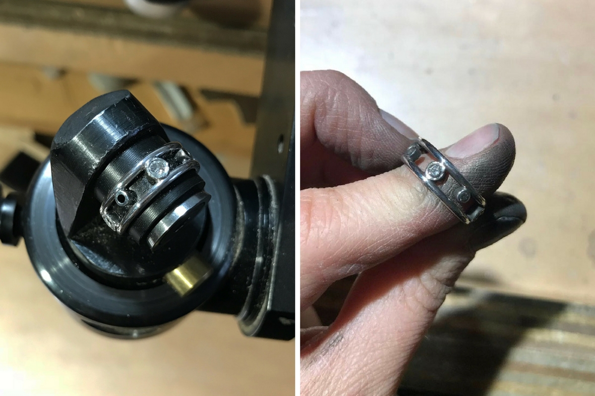 Setting the diamonds, one by one… After they are all set, it’s time for more clean up and a final polish!