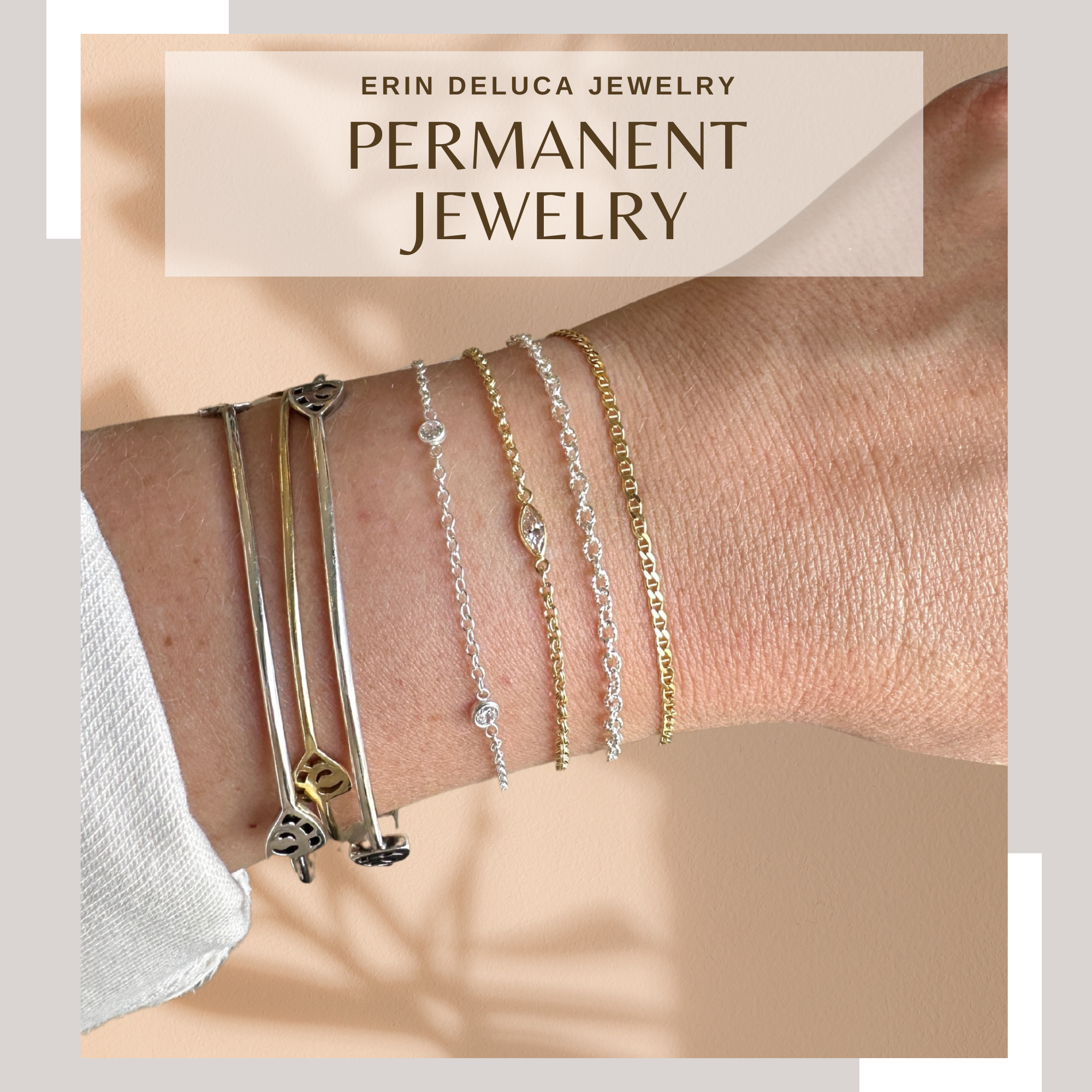 Photo of an arm with silver, gold and gold-filled permanent bracelets