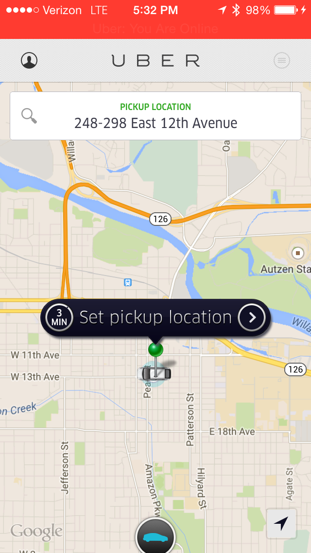 A beautiful sight. Not a single other Uber driver anywhere in downtown Eugene or near the University (the beige-shaded area on the right). I will usually get a ping within 2 or 3 minutes in this situation.